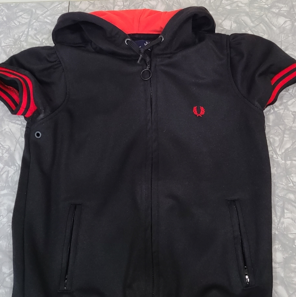 Fred Perry Black Hoodie Jacket with Red Accents